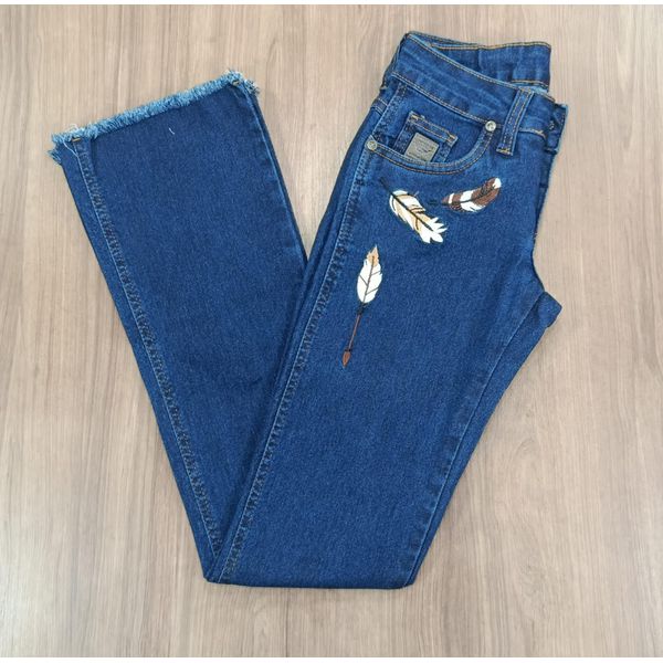 Calça Jeans Juvenil Feminina American Country Boots Cut Bordada 