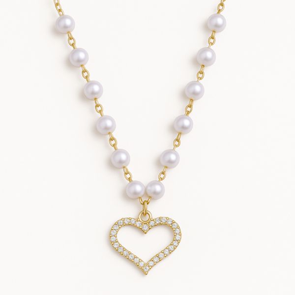 Colar pérolas coração cravejado 