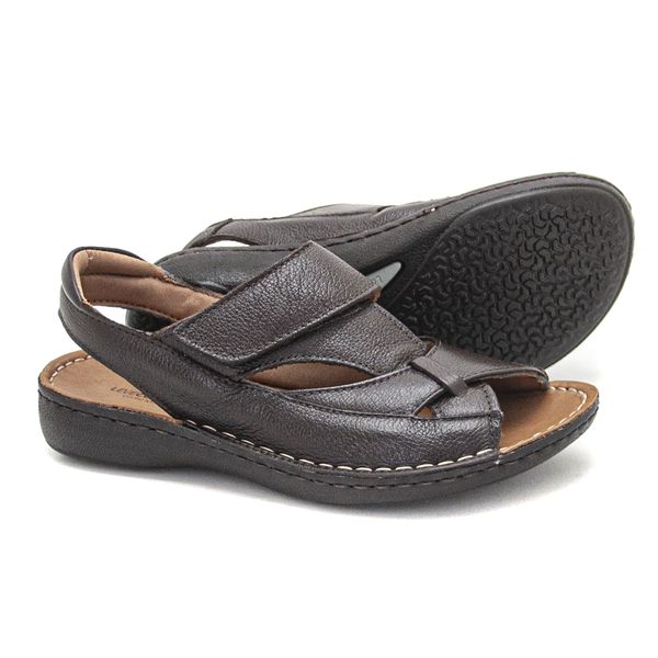 Sandália com Velcro em Couro Café Levecomfort