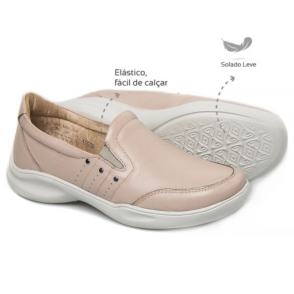 Tênis Feminino Confortável com elástico Couro Nude Levecomfort