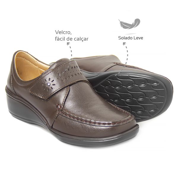 Sapato Feminino Confortável com Velcro Café Levecomfort 