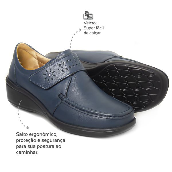 Sapato Feminino Conforto Vélcro Marinho Solado Preto Levecomfort 