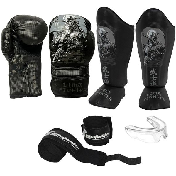 Kit Luva Boxe Muay Thai + Protetor Bocal + Protetor de Canela Lima Fighter Samurai 