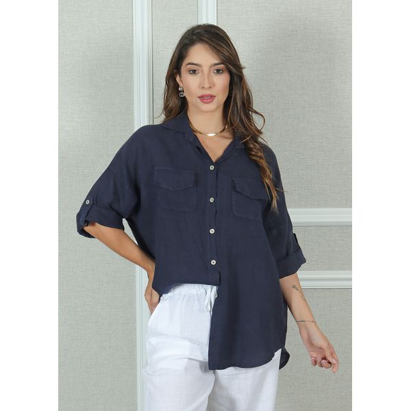 Linho Camisas Femininas Tecido Fino Social Azul Marinho Longa