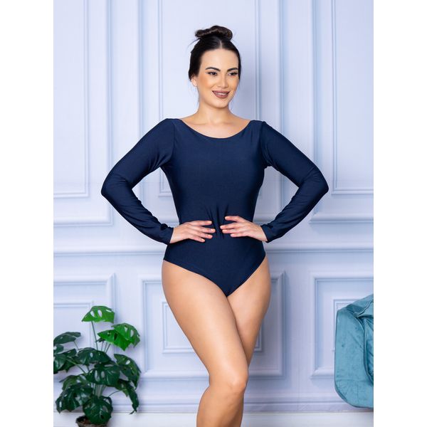 Body Feminino Manga Longa Aberta Azul Marinho