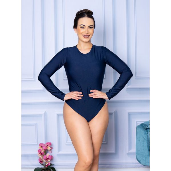 Body Feminino Manga Longa Fechada Azul Marinho