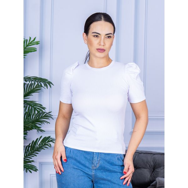 Camiseta Feminina Canelada Manga Princesa Branco