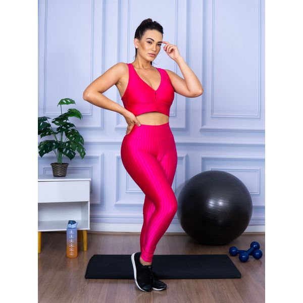 Conjunto Fitness Calça Legging 3D Cós Reto + Top Nadador Pink