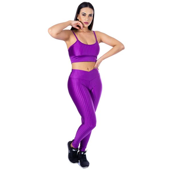 Conjunto de Academia Calça Legging 3D Cós Cruzado + Top Alça Roxo