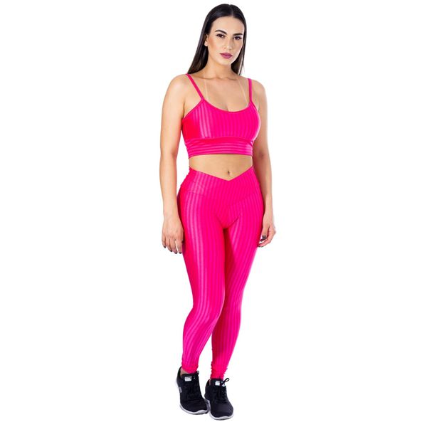 Conjunto de Academia Calça Legging 3D Cós Cruzado + Top Alça Pink