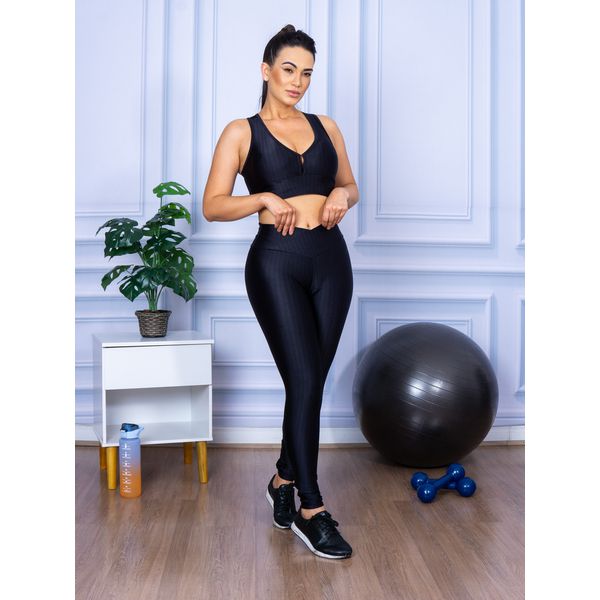 Conjunto Fitness Calça Legging 3D Cós Cruzado + Top Nadador Preto