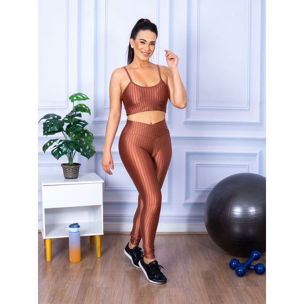 Conjunto de Academia Calça Legging 3D Cós Cruzado + Top Alça Bronze