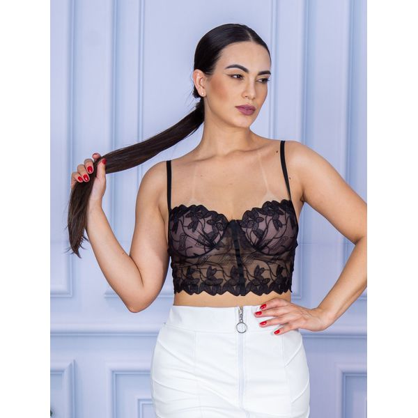 Top Cropped Rendinha Alcinha Preto