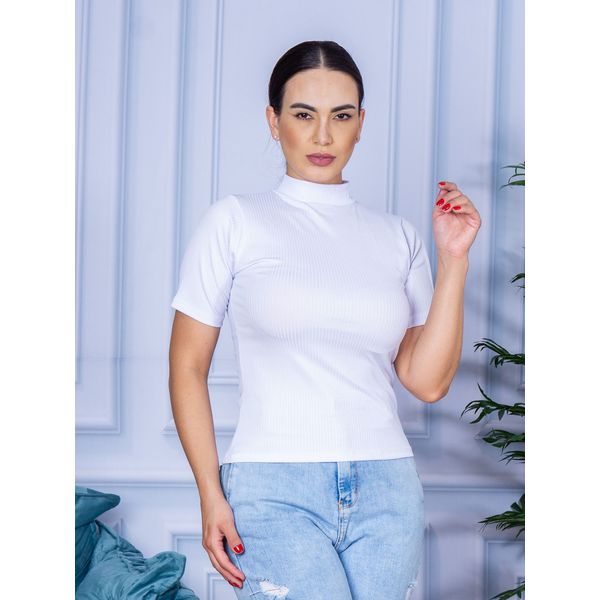 Camiseta Gola Alta Manga Curta Canelada Branco