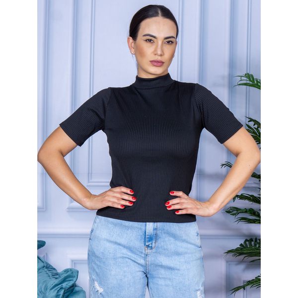 Camiseta Gola Alta Manga Curta Canelada Preto