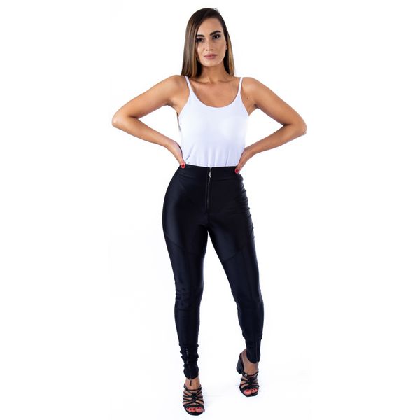 Calça disco pants em tecido cirre alto brilho Cor: Preta; Tamanho