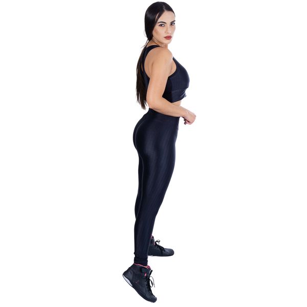Conjunto Fitness Calça Legging 3D Cós Reto + Top Nadador Preto, Moda LLevo