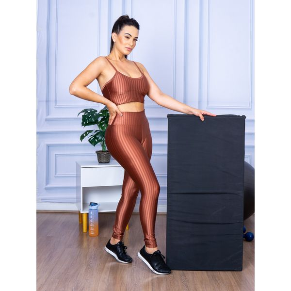 Conjunto Fitness Calça Legging 3D Cós Reto + Top Alça Marrom