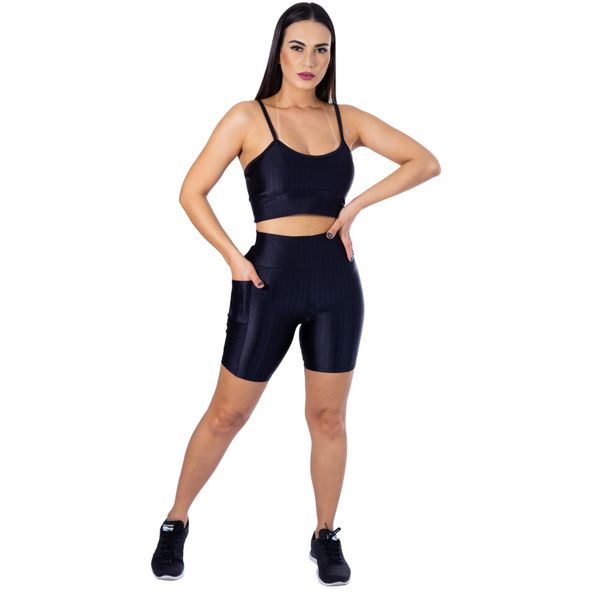 Conjunto Shorts 3D com Bolso + Top Alça Preto