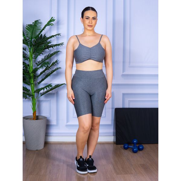 Conjunto Bermuda e Top Alça Costa Aberta Cinza Mescla