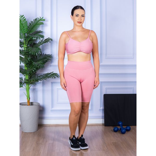 Conjunto Bermuda e Top Alça Costa Aberta Rosa 