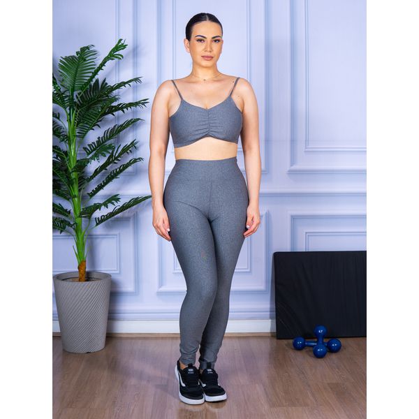 Conjunto Calça Legguing e Top Alça Costa Aberta Cinza Mescla
