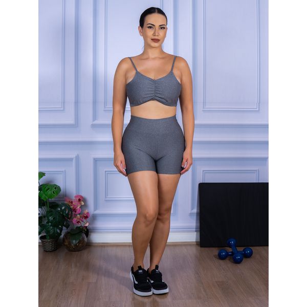Conjunto Shorts e Top Alça Costa Aberta Suplex Cinza Mescla