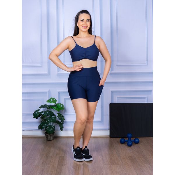 Conjunto Shorts com Bolso e Top Alça Costa Aberta Suplex Azul Marinho