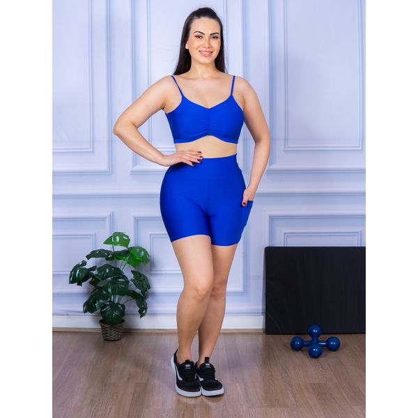 Conjunto Shorts com Bolso e Top Alça Costa Aberta Suplex Azul Royal