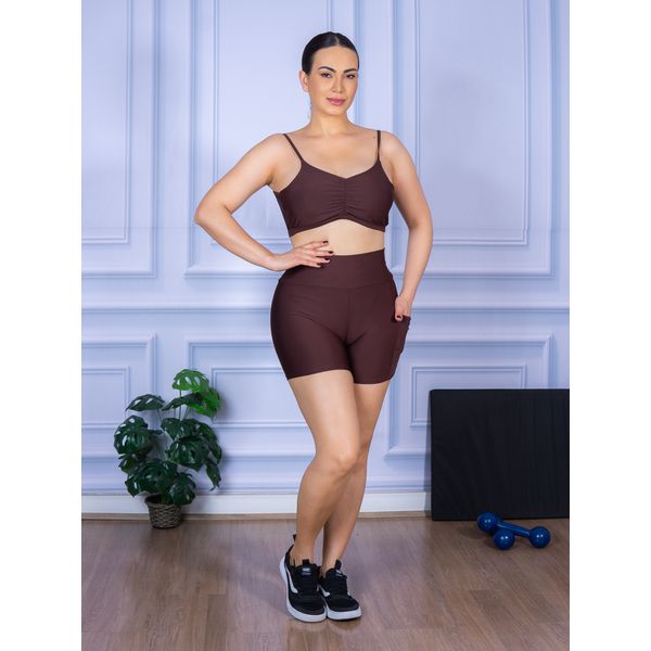 Conjunto Shorts com Bolso e Top Alça Costa Aberta Suplex Marrom