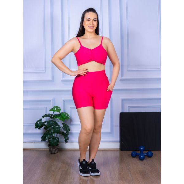 Conjunto Shorts com Bolso e Top Alça Costa Aberta Suplex Rosa Pink
