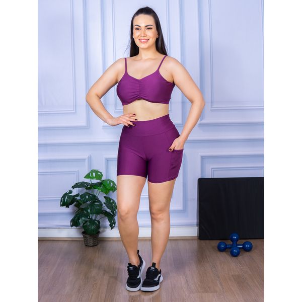 Conjunto Shorts com Bolso e Top Alça Costa Aberta Suplex Roxo