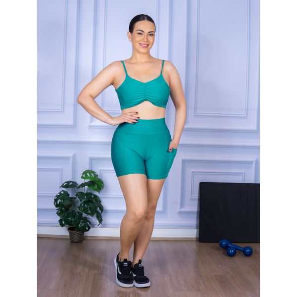 Conjunto Shorts com Bolso e Top Alça Costa Aberta Suplex Verde Piscina
