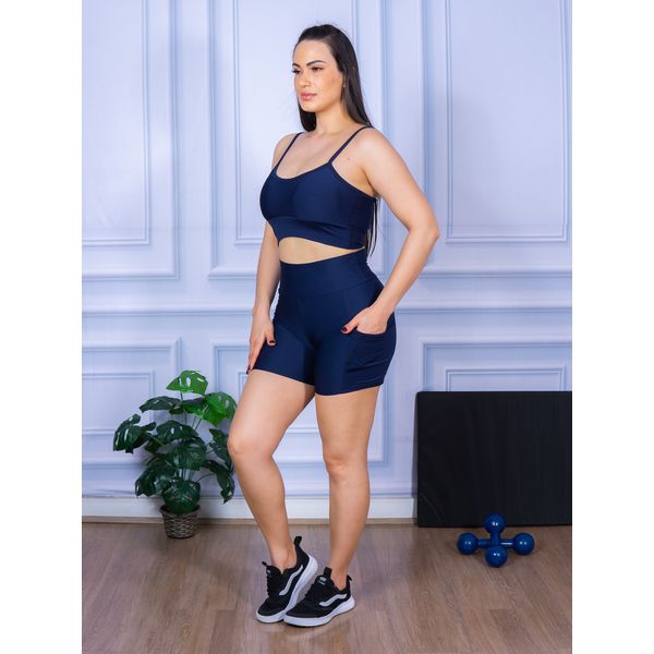 Conjunto Shorts com Bolso e Top Alça Suplex Azul Marinho