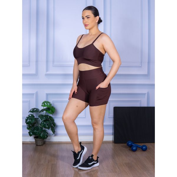 Conjunto Shorts com Bolso e Top Alça Suplex Marrom