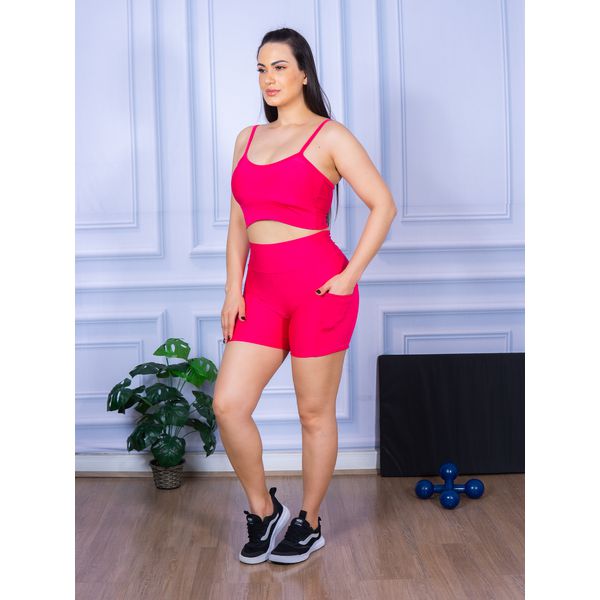 Conjunto Shorts com Bolso e Top Alça Suplex Rosa Pink