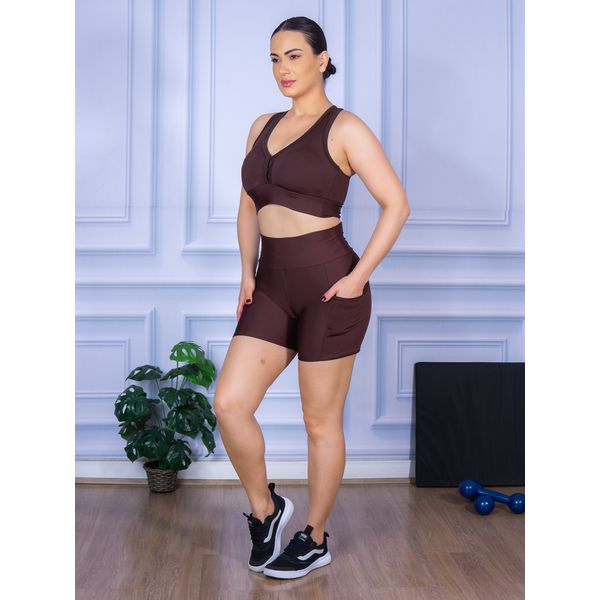Conjunto Shorts com Bolso e Top Nadador Marrom