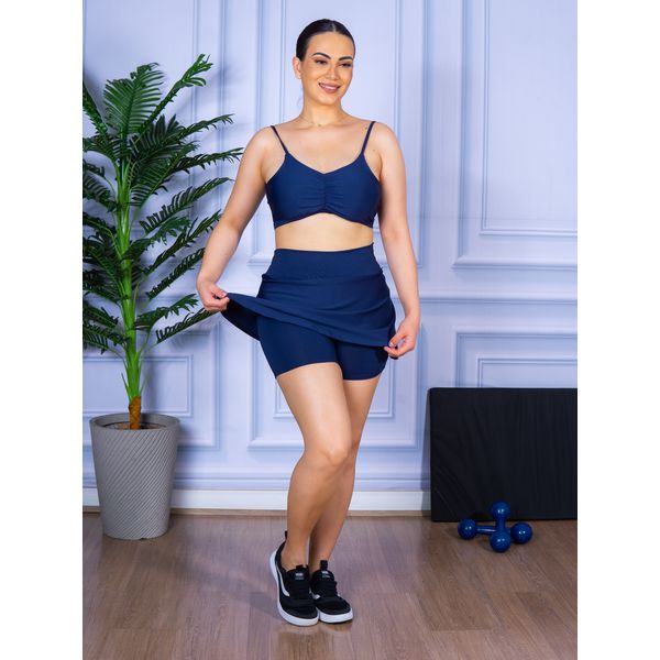 Conjunto Shorts Saia e Top Alça Costa Aberta Suplex Azul Marinho