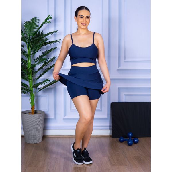 Conjunto Shorts Saia e Top Alça Suplex Azul Marinho