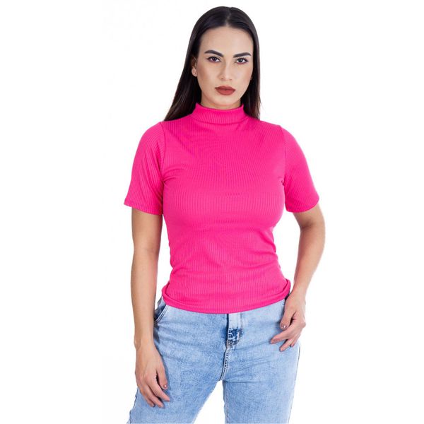 Camiseta Gola Alta Manga Curta Canelada Pink