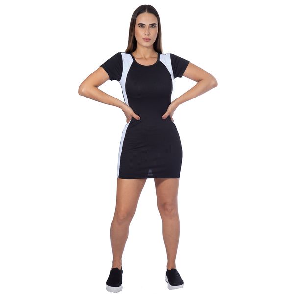 Vestido Canelado Manga Curta Preto com Branco