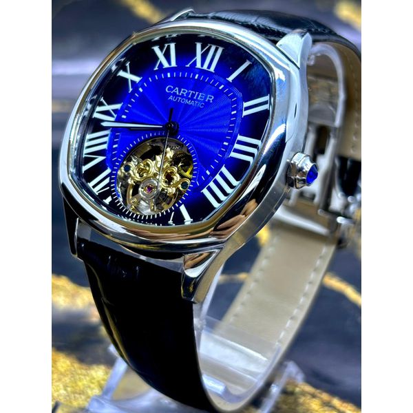 CARTIE AUTOMÁTICO LINHA PREMIUM FUNDO AZUL PULSEIRA COURO PRETA