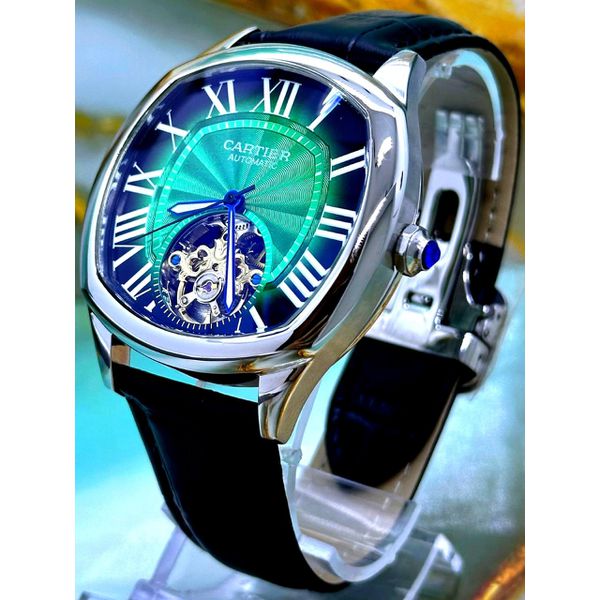 CARTIER AUTOMÁTICO LINHA PREMIUM FUNDO VERDE PULSEIRA COURO PRETA