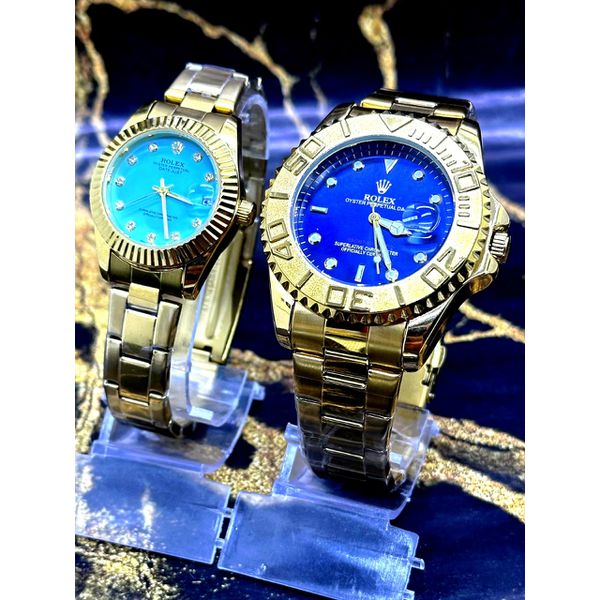 KIT CASAL RLX OYSTER DATE DOURADO FUNDO AZUL
