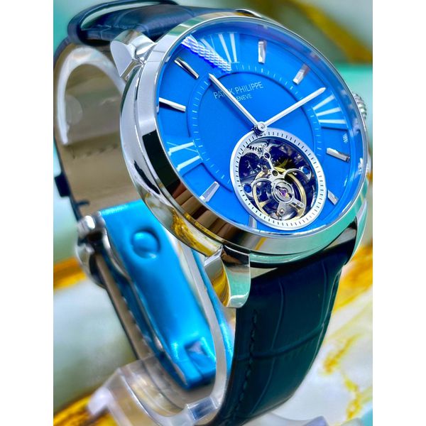 PTK PHILIPPE GENEVE LINHA PREMIUM AUTOMÁTICO PULSEIRA COURO AZUL FUNDO AZUL CLARO