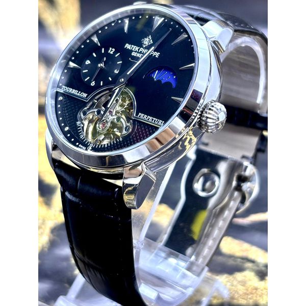 PTK PHILIPPE GENEVE TOURBILLON PERPETUEL LINHA PREMIUM AUTOMÁTICO PULSEIRA COURO PRETO