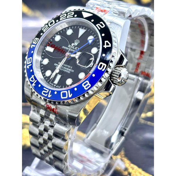 RLX GMT PRATA DETALHES EM PRETO E AZUL AUTOMÁTICO LINHA PREMIUM