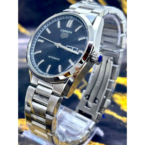 TAG CARRERA AUTOMÁTICO CALIBRE 5 TODO EM AÇO PRATA FUNDO PRETO LINHA PRMEIUM