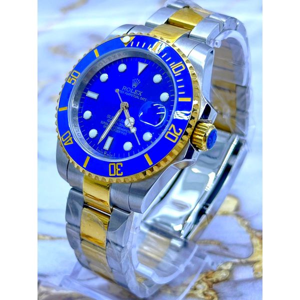 RLX AUTOMÁTICO PRATA FUNDO AZUL DETALHES DOURADO 