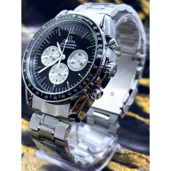 ÔMEGA SPEEDMASTER TODO PRATA FUNDO PRETO LINHA BANHADA